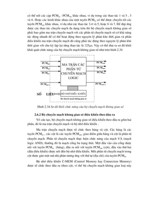cã thÓ nèi c¸c cÆp PCMin –PCMout kh¸c nhau, vÝ dô trong c¸c thao t¸c 1 vµ 5 , 3
vµ 6. HoÆc c¸c kªnh kh¸c nhau cña mét tuyÕn PCMin cã thÓ ®-îc chuyÓn tíi c¸c
tuyÕn PCMout kh¸c nhau, vÝ dô nh- c¸c thao t¸c 3,4 vµ 5, hoÆc 6 vµ 7. §Ó ®¸p øng
®-îc c¸c thao t¸c chuyÓn m¹ch ®a d¹ng trªn th× bé chuyÓn m¹ch kh«ng gian sè
ph¶i bao gåm ma trËn chuyÓn m¹ch víi c¸c phÇn tö chuyÓn m¹ch sè cã kh¶ n¨ng
t¸c ®éng nhanh ®Ó cã thÓ ho¹t ®éng theo nguyªn lý ph©n khe thêi gian vµ phÇn
®iÒu khiÓn ma trËn chuyÓn m¹ch ®ã còng ph¶i t¸c ®éng theo nguyªn lý ph©n khe
thêi gian víi chu kú lÆp l¹i tõng thao t¸c lµ 125s. VËy cã thÓ ®-a ra s¬ ®å khèi
kh¸i qu¸t chøc n¨ng cña bé chuyÓn m¹ch kh«ng gian sè nh- trªn h×nh 2.34
2.6.2 Bé chuyÓn m¹ch kh«ng gian sè ®iÒu khiÓn theo ®Çu ra
VÒ cÊu t¹o, bé chuyÓn m¹ch kh«ng gian sè ®iÒu khiÓn theo ®Çu ra gåm hai
phÇn, ®ã lµ ma trËn chuyÓn m¹ch vµ bé nhí ®iÒu khiÓn .
Ma trËn chuyÓn m¹ch ®-îc tæ chøc theo hµng vµ cét. C¸c hµng lµ c¸c
tuyÕn PCMin , c¸c cét lµ c¸c tuyÕn PCMout, giao ®iÓm gi÷a hµng vµ cét lµ phÇn tö
chuyÓn m¹ch. PhÇn tö chuyÓn m¹ch thùc hiÖn chøc n¨ng cña m¹ch vµ (m¹ch
logic AND); th-êng ®ã lµ m¹ch cæng ba tr¹ng th¸i. Mét ®Çu vµo cña cæng ®-îc
nèi víi tuyÕn PCMin (hµng), ®Çu ra nèi víi tuyÕn PCMout (cét), ®Çu vµo thø hai
(®Çu ®iÒu khiÓn) ®-îc nèi ®Õn bé nhí ®iÒu khiÓn. Mçi phÇn tö chuyÓn m¹ch trong
cét ®-îc g¸n mét m· nhÞ ph©n t-¬ng øng víi thø tù (®Þa chØ) cña tuyÕn PCMin.
Bé nhí ®iÒu khiÓn C-MEM (Control Memory hay Connection Memory)
®-îc tæ chøc theo ®Çu ra (theo cét, v× thÕ bé chuyÓn m¹ch kh«ng gian lo¹i nµy
PCMinN-1
PCMin1
ma trËn c¸c
phÇn tö
chuyÓn m¹ch
logic
PCMin0
PCMin2
PCMout0
PCMout1
PCMout2
PCMoutN-1
bé nhí ®iÒu khiÓn
Sè liÖu
®iÒu
Bé chuyÓn m¹ch kh«ng gian sè
H×nh 2.34 S¬ ®å khèi chøc n¨ng cña bé chuyÓn m¹ch kh«ng gian sè
 