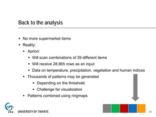 Back to the analysis
 No more supermarket items
 Reality:
 Apriori:
 Will scan combinations of 39 different items
 Will receive 28.865 rows as an input
 Data on temperature, precipitation, vegetation and human indices
 Thousands of patterns may be generated
 Depending on the threshold
 Challenge for visualization
 Patterns combined using ringmaps
22
 