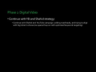 Phase 2 DigitalVideo
•Continue withYB and Shahid strategy
• Continue with Shahid and YouTube campaign: adding mastheads, and trying to align
with big ticket tv shows (via special buys or with optimized keywords targeting)
 