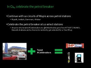 In Q4, celebrate the petrol breaker
•Continue with 10 circuits of Mupis across petrol stations
• Riyadh, Jeddah, Dammam, Khobar
•Celebrate the petrol breaker at 10 select stations
• Anyone who tweets #Celebreakers to @KitKatArabia get a free KIT KAT CHUNKY,
Nescafe Arabiana and a chance to randomly get selected for a free fill up
•Cost 182K SAR (inc. 30K SAR for sampling at 10 stations)
Tweet
#Celebreakers
 