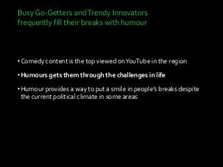 Busy Go-Getters andTrendy Innovators
frequently fill their breaks with humour
•Comedy content is the top viewed onYouTube in the region
•Humours gets them through the challenges in life
•Humour provides a way to put a smile in people’s breaks despite
the current political climate in some areas
 