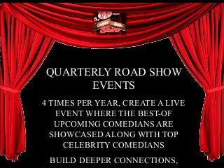 QUARTERLY ROAD SHOW
EVENTS
4 TIMES PER YEAR, CREATE A LIVE
EVENT WHERE THE BEST-OF
UPCOMING COMEDIANS ARE
SHOWCASED ALONG WITH TOP
CELEBRITY COMEDIANS
BUILD DEEPER CONNECTIONS,
 