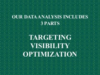 OUR DATAANALYSIS INCLUDES
3 PARTS
TARGETING
VISIBILITY
OPTIMIZATION
 