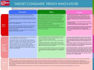 Core Insight: Sometimes little things can make a big difference
Consume EngageShop
TARGET CONSUMER: TRENDY INNOVATORS
WHY I
DO IT
WHAT I
DO
WHEN
AND
WHERE
WHO I
AM
I am Youssef, a 20-year-old cool single Arab from an upper middle class family (SEC AB). I am what they call a Trendy Innovator (21% of the total population, contributing to 21% of the category volume, and 24% of KIT KAT CHUNKY
volume).
I am in a transition phase and I am looking forward to being independent. My main anxiety is to impress others in order to be accepted by them. It is important for me to maintain personal relationships, excelling in what I do.
I am interested in all that’s going on around me like big popular events and shows. I like to reflect an active personality rather than a passive one. That’s why, I care a lot about how my friends perceive me, and I believe that brands allow
me to show-off and make an impression with them. My preference of a brand, even when it comes to products as basic as chocolate, says a lot about me. I follow the latest trends and I like to be the first to adopt them and be a trend
setter amongst my circle of friends. I celebrate ‘newness’ and this helps me boost my confidence to make the right impressions and of course, it is a reflection of my success. Self-Image and taste are very important. I relate more to
international brands.
I don’t bother about saving money when making purchases. When it comes to food, I like to indulge myself, and I am not too concerned about my health. My country’s political stability is of concern to me.
I eat chocolate every day and I prefer it to ice cream or biscuits. I
have chocolate when I am out with friends.
I enjoy it alone when I am at home (60%) while relaxing and
watching TV; and when I am with friends outside of home (40%).
Mostly, I eat it between lunch and dinner, when I take a break.
My favorite brands are Twix, KIT KAT CHUNKY, Galaxy,
Snickers and Mars. I don’t like local brands like Ghandour and
similar ones, nor chocolates made by the store itself. I like
premium chocolate brands and I am not into boxed chocolates
that have a variety inside.
I do a lot of thought and planning before shopping. I am the only
decision maker when it comes to choosing a brand; I always
make sure it reflects a prestigious image.
I usually shop either at supermarkets (38%) or grocery stores
(19%).
I mostly buy chocolate when I need it, maybe 3 times a week. I
like single pieces, but when I buy big packs, I buy more than a
pack at a time. Buying in bulk is not something I do as it requires
effort and I don’t really need to stock them.
I plan my purchase most often; however, when I am in the store,
I am tempted to try new brands, especially those with appealing
posters, and the ones that are displayed in an eye-catching
way.
I buy chocolate on the go because it’s more convenient to
consume it instantly unlike ice-cream especially in hot weather.
It’s important for me to look hip and cool especially when I’m with
my friends; that’s why, I pick a chocolate brand that is hip and cool
also.
I believe that the higher the price, the higher the quality, and that’s
why I don’t mind paying extra.
When I am choosing a chocolate, the taste is the most important
thing to me. But I can get easily bored with the same flavor, so I
like brands that constantly introduce new flavors and have a
variety to choose from.
The way the pack looks is very important to me as it reflects a hip
image and personality of the brand.
I look for cool products and brands because they help reflect my personality
and style. That’s why I am attracted to products which are different and
stand-out among others in terms of trendiness. I go by previous experiences
I’ve had with brands and their reputation is important for me because the
brands I interact with say a lot about me. For me, the image and taste are
more important than the price of the chocolate because enjoying the
chocolate experience fully is what matters. My choice of chocolate also says a
lot about my taste and preference as an individual. Limited edition products
reflect my spirit of being trendy and one-of-a-kind. These make interesting
conversations especially in a social setting.
I shop from Supermarkets and some grocery stores as they are convenient
and suit my active lifestyle. At the same time, they are modern.
Stylish looking posters and ads inside a store and how a product is placed
says a lot about its trendiness. I find it easy to get around and find what I want
in stores that are well designed.
Staying connected is important to me because I don’t want to miss out
on anything happening around me; I like to be up-to-date. I use
different social media platforms to keep myself updated. I also use
social media to express my opinions about brands, like the brand
pages online and get more information about them. Along with social
interaction, I like to play games, view videos, share ads and shop
online.
I buy products which have a unique design and pack that help reflect
my lifestyle and image.
I am a trend setter and like to be the first to adopt new trends amongst
my friends because I want to be the first to represent novelty.
I like to watch TV because it keeps me entertained. Interesting content
engages me. Tempting chocolate commercials can get me to buy the
brand. I would also notice billboards as I am mostly outdoor.
I like to attend events that interest me and visit Malls to have fun and
to socialise.
My activities include going to the beach, malls, shisha cafes, and sports,
and it is mostly during the weekend (evenings). If I do listen to radio it’s
mainly during morning while driving to university or in the evening during
outings. During weekends I go for long drives and anything out-of- the-
ordinary on the way grabs my attention, like a uniquely designed ad on a
billboard.
I am on Facebook, Instagram, Youtube everyday as it helps me connect
and share with my friends and to know what’s going on in the world. I am
active on my smartphone. I use a lot of mobile apps which I use from the
time I wake up. I get updates on the latest trends.
I don’t actively seek information on chocolate, but I get to know about them
from TV, Facebook, and when I am in the store. I like stylish cool brands
that match my personality. I like it when brands talk to me online, as I shop
and order online. I like and share a Facebook page of my brand, if I think it
is interesting. Brands reach me through viral videos on Youtube. My video
consumption is high, especially videos that make me laugh. I consult my
friends for their recommendation on brands, it is easy to get an instant
response from them on whatsapp & BBM.
 