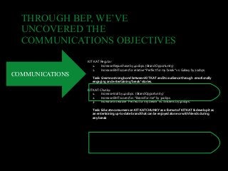 KIT KAT Regular
1. Increase Repurchase by 400bps. (Brand Opportunity)
2. Increase BHT scores for relative “Perfect for my break” vs. Galaxy by 200bps.
Task: Create a strong bond between KIT KAT and its audience through emotionally
engaging and entertaining ‘break’ stories.
KIT KAT Chunky:
1. Increase trial by 400bps. (Brand Opportunity)
2. Increase BHT scores for: “Brand for me” by 300bps.
3. Increase in relative “Perfect for my break” vs. Snickers by 400bps.
Task: Educate consumers on KIT KAT CHUNKY as a format of KIT KAT & develop it as
an entertaining up-to-date brand that can be enjoyed alone or with friends during
any break
THROUGH BEP, WE’VE
UNCOVERED THE
COMMUNICATIONS OBJECTIVES
COMMUNICATIONS
 