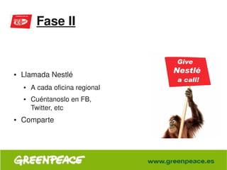 Fase II



    ●   Llamada Nestlé
        ●   A cada oficina regional
        ●   Cuéntanoslo en FB, 
            Twitter, etc
    ●   Comparte



                                       
 