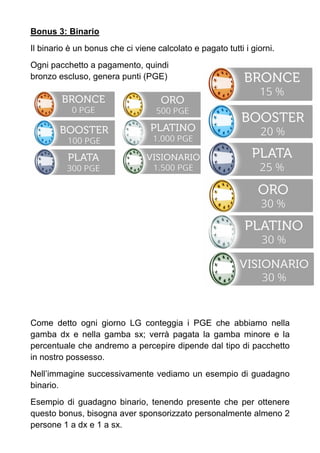 Bonus 3: Binario
Il binario è un bonus che ci viene calcolato e pagato tutti i giorni.
Ogni pacchetto a pagamento, quindi
bronzo escluso, genera punti (PGE)
Come detto ogni giorno LG conteggia i PGE che abbiamo nella
gamba dx e nella gamba sx; verrà pagata la gamba minore e la
percentuale che andremo a percepire dipende dal tipo di pacchetto
in nostro possesso.
Nell’immagine successivamente vediamo un esempio di guadagno
binario.
Esempio di guadagno binario, tenendo presente che per ottenere
questo bonus, bisogna aver sponsorizzato personalmente almeno 2
persone 1 a dx e 1 a sx.
 