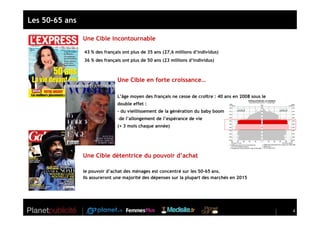 Les 50-65 ans

                Une Cible incontournable

                43 % des français ont plus de 35 ans (27,6 millions d’individus)
                36 % des français ont plus de 50 ans (23 millions d’individus)



                               Une Cible en forte croissance…

                               L’âge moyen des français ne cesse de croître : 40 ans en 2008 sous le
                               double effet :
                               - du vieillissement de la génération du baby boom
                               -de l’allongement de l’espérance de vie
                               (+ 3 mois chaque année)




                Une Cible détentrice du pouvoir d’achat

                le pouvoir d’achat des ménages est concentré sur les 50-65 ans.
                Ils assureront une majorité des dépenses sur la plupart des marchés en 2015




                                                                                                       4
 