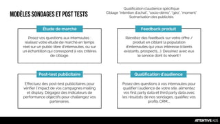 Modèlessondages et Post tests
Feedback produitÉtude de marché
Qualification d'audiencePost-test publicitaire
Posez vos questions aux internautes :
réalisez votre étude de marché en temps
réel sur un public libre d'internautes, ou sur
un échantillon qui correspond à vos critères
de ciblage.
Récoltez des feedback sur votre offre /
produit en ciblant la population
d'internautes qui vous intéresse (clients
existants, prospects,...). Dessinez avec eux
le service dont ils rêvent !
Effectuez des post-test publicitaires pour
vérifier l'impact de vos campagnes mailing
et display. Dégagez des indicateurs de
performance objectifs pour challengez vos
partenaires.
Posez des questions à vos internautes pour
qualifier l'audience de votre site, alimentez
vos first party data et third party data avec
les résultats de nos sondages, qualifiez vos
profils CRM,...
Qualification d'audience spécifique
Ciblage "intention d'achat", "socio-démo", "géo", "moment"
Scénarisation des publicités
 