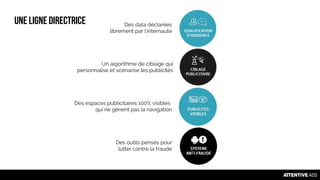 Une ligne directrice
Des espaces publicitaires 100% visibles
qui ne gênent pas la navigation
Des data déclarées
librement par l’internaute
Un algorithme de ciblage qui
personnalise et scénarise les publicités
Des outils pensés pour
lutter contre la fraude
 
