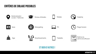 FormatspublicitairesCritères de Ciblage Possibles
Géolocalisation
Locale / Nationale
Sexe
Niveau d’études
Âge Divertissements
Mobile
PC
Tablette
Et bien d’autres !
Retargeting
1/24
Capping
Plage horaire
Maîtrise du
rythme de diffusion
 