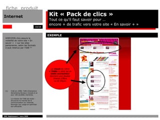 fiche produit
Internet                                    Kit « Pack de clics »
                                            Tout ce qu’il faut savoir pour …
                                            encore + de trafic vers votre site « En savoir + »
                                    13/14




                                            EXEMPLE
 HORYZON clics assure la
 visibilité de votre site « En
 savoir + » sur les sites
 partenaires, selon les formats
 e-pub retenus par l’IAB (1)




                                              Le visuel de votre
                                            « Vidéo » ainsi qu’un
                                              texte accrocheur
                                             donnent une double
                                                chance d’être
                                                 vu et cliqué.



 (1)   Créé en 1998, l'IAB (Interactive
       Advertising Bureau) compte à ce
       jour 100 sociétés membres.

       La mission de l'IAB est triple :
       structurer le marché de la
       communication sur Internet,
       favoriser son usage et optimiser
       son efficacité.




DMC Déploiement / mars 2009
 