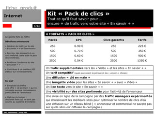 fiche produit
Internet                               Kit « Pack de clics »
                                       Tout ce qu’il faut savoir pour …
                                       encore + de trafic vers votre site « En savoir + »
                               9/14



                                      4 FORFAITS « PACK DE CLICS »
 Les points forts de l’offre
                                       Packs                 CPC                          Clics garantis               Tarifs
 Bénéfices annonceurs

 • Générer du trafic sur le site         250                0.90 €                                250                  225 €
 « En savoir + » de l’annonceur
                                         500                0.70 €                                500                  350 €
 • Recruter des prospects à un
 coût maîtrisé (sans subir le jeux      1500                0.60 €                               1500                  900 €
 des enchères).
                                        2500                0.54 €                               2500                  1350 €
 • Améliorer l’audience du site
 « En savoir + »

 • Contribuer à un meilleur RSI
                                      Un trafic supplémentaire vers les « Vidéo » et les sites « En savoir + »
 (retour sur investissement)
                                      Un tarif compétitif   (quels que soient la période et les « univers » choisis)

                                      Une diffusion « clé en main »
 En bref
                                      Une imagette vidéo pour les sites « En savoir + » avec « Vidéo »
 • Simplicité de l’offre :
 une offre « clé en main » qui ne     Un lien texte vers le site « En savoir + »
 nécessite aucune connaissance
 particulière de l’annonceur          Une visibilité sur des sites pertinents pour l’activité de l’annonceur

 • Maîtrise du budget :               Une mise en ligne de la campagne par des traffic managers expérimentés
 des tarifs fixes qui ne sont pas     qui choississent les meilleurs sites pour optimiser le nombre de clics d’où
 soumis au système d’enchères
                                      une diffusion sur un réseau blind ( = annonceur et commercial ne savent pas
                                      sur quels sites est diffusée la campagne)
DMC Déploiement / mars 2009
 