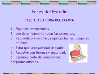 Fases del Estudio Sigue las instrucciones. Lee detenidamente todas las preguntas. Responde primero las preguntas fáciles, luego las difíciles. Evita que la casualidad te ayude. Resuelve con firmeza y seguridad. Repasa y trata de comprender  preguntas difíciles. FASE 3. A LA HORA DEL EXAMEN 