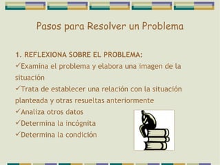 Pasos para Resolver un Problema 1. REFLEXIONA SOBRE EL PROBLEMA: Examina el problema y elabora una imagen de la situación Trata de establecer una relación con la situación planteada y otras resueltas anteriormente Analiza otros datos Determina la incógnita Determina la condición 