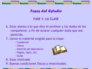 Fases del Estudio 6. Estar atento a lo que dice el profesor y las dudas de los compañeros  a fin de aclarar cualquier duda que sea parecida. 7. Llevar el material exigido para la clase: - Cuadernos - Libros - Material de laboratorio - Reglas, lápiz, etc. - Guías 8. Estar motivado 9. Buenas condiciones físicas y emocionales.  FASE 1: LA CLASE 