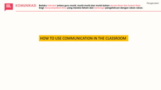 KOMUNIKASIKOMUNIKASI Berlaku interaksi antara guru-murid, murid-murid dan murid-bahan secara lisan dan bukan lisan
bagi menyampaikan ilmu yang mereka faham dan berkongsi pengetahuan dengan rakan-rakan.
Pengenalan
HOW TO USE COMMUNICATION IN THE CLASSROOM
 
