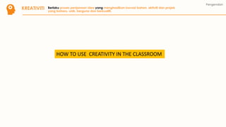 KREATIVITI
Pengenalan
Berlaku proses penjanaan idea yang menghasilkan inovasi bahan, aktiviti dan projek
yang baharu, unik, berguna dan berkualiti.
HOW TO USE CREATIVITY IN THE CLASSROOM
 