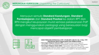 MERUNGKAI KURIKULUM (Unpacking the Curriculum)
Menyusun semula Standard Kandungan, Standard
Pembelajaran dan Standard Prestasi ke dalam RPT dan
RPH mengikut keupayaan murid semasa pelaksanaan PdP
dengan menggunakan pedagogi yang bersesuaian bagi
mencapai objektif pembelajaran
SURAT PEKELILING IKHTISAS BIL.3/1999 : KP (BS) 8591/Jilid XV/ (3) – 9 Mac 1999
PENYEDIAAN REKOD PENGAJARAN DAN PEMBELAJARAN
• Rancangan Pelajaran Tahunan (RPT) : Mengandungi secara ringkas isi
pengajaran dan pembelajaran berdasarkan sukatan pelajaran kebangsaan
• Rancangan Pelajaran Harian (RPH) : Merupakan terjemahan RPT yang
mengandungi maklumat seperti objektif, cara bagaimana hendak mencapai
objektif (aktiviti) dan kenyataan sejauh mana objektif itu tercapai (refleksi)
Kurikulum
 