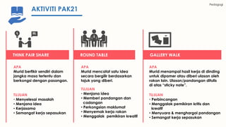 Pedagogi
AKTIVITI PAK21
APA
Murid berfikir sendiri dalam
jangka masa tertentu dan
berkongsi dengan pasangan.
TUJUAN
• Menyelesai masalah
• Menjana idea
• Kerjasama
• Semangat kerja sepasukan
THINK PAIR SHARE
APA
Murid mencatat satu idea
secara bergilir berdasarkan
tajuk yang diberi.
TUJUAN
• Menjana idea
• Memberi pandangan dan
cadangan
• Perkongsian maklumat
• Menyemak kerja rakan
• Menggalak pemikiran kreatif
ROUND TABLE
APA
Murid menampal hasil kerja di dinding
untuk dipamer atau diberi ulasan oleh
rakan lain. Ulasan/pandangan ditulis
di atas “sticky note”.
TUJUAN
• Perbincangan
• Menggalak pemikiran kritis dan
kreatif
• Menyuara & menghargai pandangan
• Semangat kerja sepasukan
GALLERY WALK
 