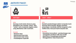 APA
Kaedah pembentangan dalam kumpulan kecil.
Seorang ahli kumpulan ditugas memberi
penerangan manakala ahli lain bergerak untuk
melihat atau menyoal hasil kumpulan lain.
TUJUAN
• Kemahiran komunikasi – pembentangan dan
menggalak pemikiran kritis dan kreatif
• Menyuara & menghargai pandangan
• Menggalakkan kerja berpasukan
STAY - STRAY
APA
Seorang murid duduk di kerusi yang
disediakan dan menjadi “pakar” atau
“watak” serta menjawab segala soalan
yang dilontarkan oleh murid lain.
TUJUAN
• Menjana idea
• Menyenarai kosa kata
• Menyemak kerja rakan
• Pembelajaran koperatif
HOT SEAT
Pedagogi
AKTIVITI PAK21
 