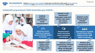 Membiarkan segelintir
murid sahaja yang
terlibat secara aktif
dalam kumpulan
Meminta murid
membuat tugasan
secara individu dalam
kumpulan
Membenarkan
murid memaksa
rakan menerima
pandangan
Pengenalan
KOMUNIKASI
Kolaboratif yang berkesan TIDAK terhasil jika guru HANYA :
Adakah
tugasan
memerlukan
murid
bekerjasama?
Adakah murid
selesa untuk
berbincang
dengan rakan-
rakan?
Adakah murid
mempunyai
hubungan yang erat
antara satu sama
lain dalam
kumpulan?
Adakah murid
berpeluang memberi
pandangan dan
saling menghargai
satu sama lain?
Adakah murid
bersemangat
bekerja
sepasukan?
Adakah guru
mendorong dan
membimbing murid
untuk terlibat dalam
perbincangan?
KOLABORATIF Berlaku kerjasama dan muafakat antara guru-murid dan murid-murid secara aktif dan
menyeluruh yang membolehkan pertukaran idea dan pandangan antara murid.
 