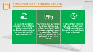Pentaksiran
PENETAPAN TAHAP PENGUASAAN PBD
Guru mata pelajaran
memberi satu nilai tahap
penguasaan murid
berdasarkan pengalaman
bersama-sama murid
dalam proses PdP.
Guru kelas dan guru mata
pelajaran berbincang
untuk menentukan SATU
tahap penguasaan murid
menggunakan Tafsiran
Tahap Penguasaan secara
persetujuan bersama-
sama.
Perbincangan ini dikira
sebagai Latihan Dalam
Perkhidmatan dengan
tempoh 2 jam maksimum
bagi setiap sesi.
 