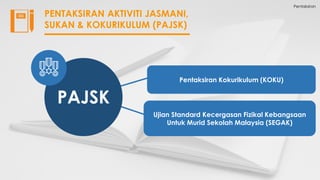 Pentaksiran
PENTAKSIRAN AKTIVITI JASMANI,
SUKAN & KOKURIKULUM (PAJSK)
Pentaksiran Kokurikulum (KOKU)
Ujian Standard Kecergasan Fizikal Kebangsaan
Untuk Murid Sekolah Malaysia (SEGAK)
PAJSK
 