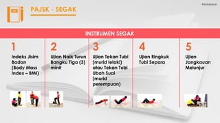 Pentaksiran
PAJSK - SEGAK
INSTRUMEN SEGAK
Indeks Jisim
Badan
(Body Mass
Index – BMI)
1
Ujian Naik Turun
Bangku Tiga (3)
minit
2
Ujian Tekan Tubi
(murid lelaki)
atau Tekan Tubi
Ubah Suai
(murid
perempuan)
3
Ujian Ringkuk
Tubi Separa
4
Ujian
Jangkauan
Melunjur
5
 