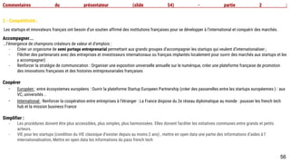 56
Commentaires du présentateur (slide 54) - partie 2 :
2 - Compétitivité :
Les startups et innovateurs français ont besoin d’un soutien affirmé des institutions françaises pour se développer à l’international et conquérir des marchés.
Accompagner...
...l’émergence de champions créateurs de valeur et d’emplois :
- Créer un organisme de semi portage entreprenarial permettant aux grands groupes d’accompagner les startups qui veulent d’internationaliser ;
- Flêcher des partenariats avec des entreprises et investisseurs internationaux ou français implantés localement pour ouvrir des marchés aux startups et les y
accompagner)
- Renforcer la stratégie de communication : Organiser une exposition universelle annuelle sur le numérique, créer une plateforme française de promotion des
innovations françaises et des histoires entrepreunariales françaises
Coopérer
- Européen : entre écosystemes européens : Ouvrir la plateforme Startup Europeen Partnership (créer des passerelles entre les startups européennes ) : aux
VC, universités ..
- International : Renforcer la coopération entre entreprises à l’étranger : La France dispose du 2e réseau diplomatique au monde : pousser les french tech hub
et la mission business France
Simplifier :
- Les procédures doivent être plus accessibles, plus simples, plus harmonisées. Elles doivent faciliter les initiatives communes entre grands et petits acteurs.
- VIE pour les startups (condition du VIE classique d’exister depuis au moins 2 ans) , mettre en open data une partie des informations d’aides à
l’internationalisation, Mettre en open data les informations du pass french tech
 