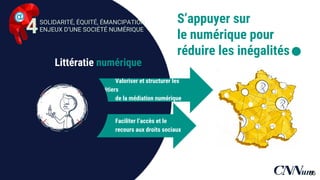 S’appuyer sur
le numérique pour
réduire les inégalités .
Faciliter l’accès et le
recours aux droits
sociaux
Valoriser et structurer les
métiers
de la médiation numérique
Littératie numérique
SOLIDARITÉ, ÉQUITÉ, ÉMANCIPATION :
ENJEUX D’UNE SOCIÉTÉ NUMÉRIQUE4
65
 