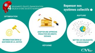 METTRE LES SOLIDARITÉS
EN MOUVEMENT
.Repenser nos
systèmes collectifs
SOLIDARITÉ, ÉQUITÉ, ÉMANCIPATION :
ENJEUX D’UNE SOCIÉTÉ NUMÉRIQUE4
RUPTURE
RÉFORME
OPTIMISATION
ADOPTER UNE APPROCHE
PROACTIVE DES DROITS
SOCIAUX
INFORMATISER ENFIN LE
QUOTIDIEN DE LA JUSTICE
67
 
