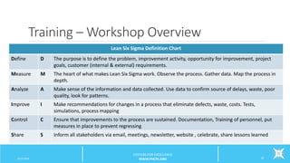 Training – Workshop Overview
6/12/2016 10
CENTERS FOR EXCELLENCE
WWW.PHCFE.ORG
Lean Six Sigma Definition Chart
Define D The purpose is to define the problem, improvement activity, opportunity for improvement, project
goals, customer (internal & external) requirements.
Measure M The heart of what makes Lean Six Sigma work. Observe the process. Gather data. Map the process in
depth.
Analyze A Make sense of the information and data collected. Use data to confirm source of delays, waste, poor
quality, look for patterns.
Improve I Make recommendations for changes in a process that eliminate defects, waste, costs. Tests,
simulations, process mapping
Control C Ensure that improvements to the process are sustained. Documentation, Training of personnel, put
measures in place to prevent regressing
Share S Inform all stakeholders via email, meetings, newsletter, website , celebrate, share lessons learned
 