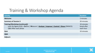 Training & Workshop Agenda
6/12/2016 2
CENTERS FOR EXCELLENCE
WWW.PHCFE.ORG
Activity Duration
Welcome 2 minutes
Summary of Session 3 20 minutes
Training/Workshop (continued):
Lean Six Sigma (LSS) = Define | Measure | Analyze | Improve | Control | Share (DMAICS)
Q&A After each phase
10 minutes
break after
each hour
Quiz 10 minutes
Q&A
Adjourn
 