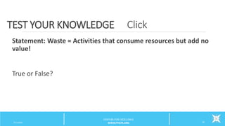 ClickTEST YOUR KNOWLEDGE
3/11/2015 35
Statement: Waste = Activities that consume resources but add no
value!
True or False?
CENTERS FOR EXCELLENCE
WWW.PHCFE.ORG
 