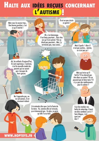Il est un peu zinzin
ce gamin !Mais vous le couvez trop…
Une bonne punition, cʼest
ce quʼil mérite !
Oh, cʼest dommage,
il est beau pourtant… Vous êtes
sûr quʼil est autiste ? On ne
dirait pas pourtant… Moi, jʼy
arriverais pas, vous savez… Mais il parle ! Alors il
nʼest pas autiste… Autiste,
ce nʼest pas ça !
HALTE AUX IDÉES REÇUES CONCERNANT
LʼAUTISME !
Mais quʼest-ce quʼil
fait là ? Il ne devrait pas
être dans un centre ? Ils ne
peuvent pas le faire taire ? Il
nʼy a pas des médicaments
pour le calmer ?
Si je fais tomber ma
boîte de coton-tige, il peut
me dire combien y en a ?
Sans blague, cʼest
quoi son
don ?
Jʼai entendu dire que cʼest la faute de
la mère. Vu, comme elle est stressée,
ça mʼétonnerait pas. En plus, je parie
quʼelle lʼa eu tard…
Ah, les enfants dʼaujourdʼhui,
ils sont capricieux. Lʼautisme,
cʼest la nouvelle mode des
parents qui ne savent
pas sʼoccuper de
leurs gosses.
Ne tʼapproche pas, on
ne sait jamais, il est
sûrement violent.
WWW.HOPTOYS.FR
 