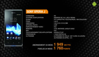 Abonnement 24 mois : 1 949 DH TTC
FidElio 24 mois : 1 760POINTS
Sony Xperia J
: 3G	
: Android OS, v4.1 (Jelly Bean)
: TFT capacitive touchscreen, 16M couleurs
: 143 g	
: 124.3 x 61.2 x 9.2 mm 	
: 5 MP 	
: Oui	
: 4 Go, microSD jusqu’à 32Go	
: Oui	
: Google Play
: 1 GHz Cortex-A5
: Autonomie en veille : 607 h (env. 25 jours)
Autonomie en appel : 5 h
Connexion
Système d'exploitation
Ecran
Poids
Dimensions
Appareil Photo
Enregistrement vidéo
Mémoire
Wifi
Téléchargement des applications
Processeur
Autonomie
 
