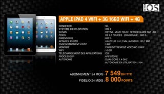 Abonnement 24 mois : 7 549DH TTC
FidElio 24 mois : 8 000POINTS
Apple iPad 4 WiFi + 3G 16Go WiFi + 4G
: 3G
: IOS 6
: Retina , Multi-Touch rétroéclairé par LED
de 9,7 pouces (diagonale) : 662 g
: 662 g
: Hauteur :241,2 mm,Largeur :185,7 mm
: 5 MP
: Enregistrement vidéo HD 1080p
: 16 Go
: Oui
: App store
: Dual-core 1.4 GHz
: Autonomie en utilisation : 10h
Connexion
Système d'exploitation
Ecran
Poids
Dimensions
Appareil Photo
Enregistrement vidéo
Mémoire
Wifi
Téléchargement des applications
Processeur
Autonomie
 