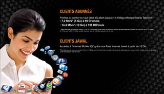 Clients abonnés
Profitez du confort du haut débit 3G allant jusqu’à 14,4 Méga offert par Maroc Telecom :
• 7,2 Mb/s* (5 Go) à 99 DH/mois
• 14,4 Mb/s* (10 Go) à 199 DH/mois
* Débit théorique de connexion jusqu’à 7.2 ou 14.4 Mbps selon forfait choisi. Au-delà d’un volume de téléchargement mensuel de 5Go pour la 3G 7.2 Mbps
et 10 Go pour la 3G 14.4 Mbps le débit maximum sera de 128 Kbps jusqu’à la fin du mois.
Clients Jawal
Accédez à l’internet Mobile 3G* grâce aux Pass Internet Jawal à partir de 10 DH.
*Débit théorique de connexion jusqu’à 7.2 ou 14.4 Mbps selon le forfait choisi. Au-delà d’un volume de téléchargement mensuel offert le débit maximum est réduit
à 128 Kbps jusqu’à la fin du mois.
 