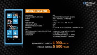 Abonnement 24 mois : 4 990DH TTC
FidElio 24 mois : 5 500POINTS
nokia lumia 800
: 3G
: Microsoft Windows Phone 7.5
: 480 x 800 pixel, 3.7 inches
: 142 g
: 116.5 x 61.2 x 12.1 mm, 76.a cc
: 8 MP
: Oui
: 16 Go, Micro SD extensible jusqu'à 32 GO
: Oui
: Windows Phone Marketplace
: 1.4 GHz Snapdragon
: Autonomie en veille : 14 jours
Autonomie en appel : 6h45min
Connexion
Système d'exploitation
Ecran
Poids
Dimensions
Appareil Photo
Enregistrement vidéo
Mémoire
Wifi
Téléchargement des applications
Processeur
Autonomie
 