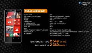 Abonnement 24 mois : 2 549 DH TTC
FidElio 24 mois : 2 360POINTS
nokia lumia 620
: 3G
: Microsoft Windows Phone 8
: 480 x 800 pixel, 3.8 inches
: 127 g
: 115,4 x 61,1 x 11 mm
: 5 MP, 2592 x 1936 pixels
: Oui
: 8 Go
: Oui
: Windows Phone Marketplace
: Double coeur Qualcomm Snapdragon S4 cadencé à 1 GHz
: Autonomie en veille : 330h
Autonomie en appel : 9h9min
Connexion
Système d'exploitation
Ecran
Poids
Dimensions
Appareil Photo
Enregistrement vidéo
Mémoire
Wifi
Téléchargement des applications
Processeur
Autonomie
 
