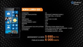 NOKIA LUMIA 820
: 3G
: MICROSOFT WINDOWS PHONE 8
: 480 X 800 PIXEL, 4,3 INCHES
: 160 G
: 123,8 X 68,5 X 9,9 MM
: 8 MP
: OUI
: 8 GO
: OUI
: WINDOWS PHONE MARKETPLACE
: DUAL-CORE QUALCOMM SNAPDRAGON 1.5 GHZ
: AUTONOMIE EN VEILLE : 360H
AUTONOMIE EN APPEL : 8H1MIN
ABONNEMENT 24 MOIS : 5 690DH TTC
FIDELIO 24 MOIS : 6 000POINTS
CONNEXION
SYSTÈME D'EXPLOITATION
ECRAN
POIDS
DIMENSIONS
APPAREIL PHOTO
ENREGISTREMENT VIDÉO
MÉMOIRE
WIFI
TÉLÉCHARGEMENT DES APPLICATIONS
PROCESSEUR
AUTONOMIE
 