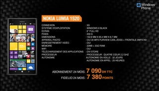 ABONNEMENT 24 MOIS : 7 090DH TTC
FIDELIO 24 MOIS : 7 380POINTS
NOKIA LUMIA 1520
: 3G
: WINDOWS 8 BLACK
: 6’’ FULL HD
: 209 G
: 162,8 MM X 85,4 MM X 8,7 MM
: OUI 20 MPX PURVIEW CARL ZEISS + FRONTALE 2MPX HD
: OUI
: 32MB + 2GO RAM
: OUI
: OVI STORE
: PROCESSEUR : QUATRE CŒUR 2,2 GHZ
AUTONOMIE EN VEILLE : 32 JOURS
AUTONOMIE EN APPEL : 25 HEURES
CONNEXION
SYSTÈME D'EXPLOITATION
ECRAN
POIDS
DIMENSIONS
APPAREIL PHOTO
ENREGISTREMENT VIDÉO
MÉMOIRE
WIFI
TÉLÉCHARGEMENT DES APPLICATIONS
PROCESSEUR
AUTONOMIE
 