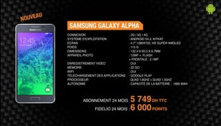 ABONNEMENT 24 MOIS : 5 749DH TTC
FIDELIO 24 MOIS : 6 000POINTS
SAMSUNG GALAXY ALPHA
: 2G / 3G / 4G	
: ANDROID V4.4, KITKAT
: 4.7” 1280X720, HD SUPER AMOLED
: 115 G	
: 132.4 X 65.5 X 6.7MM 	
: 12MP + FLASH
+ FRONTALE : 2.1MP	
: OUI	
: 32 GO	
: OUI	
: GOOGLE PLAY
: QUAD 1.8GHZ + QUAD 1.3GHZ
: CAPACITÉ DE LA BATTERIE : 1860 MAH
CONNEXION
SYSTÈME D'EXPLOITATION
ECRAN
POIDS
DIMENSIONS
APPAREIL PHOTO
ENREGISTREMENT VIDÉO
MÉMOIRE
WIFI
TÉLÉCHARGEMENT DES APPLICATIONS
PROCESSEUR
AUTONOMIE
NOUVEAU
 