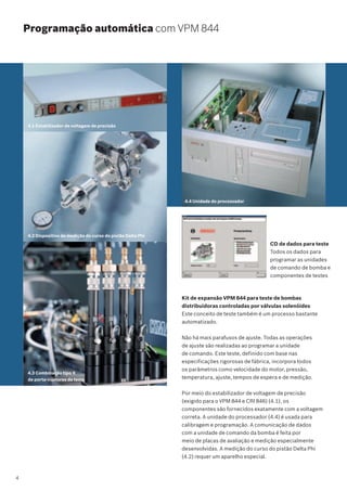4.1 Estabilizador de voltagem de precisão
4.2 Dispositivo de medição do curso do pistão Delta Phi
Programação automática com VPM 844
CD de dados para teste
Todos os dados para
programar as unidades
de comando de bomba e
componentes de testes
4.4 Unidade do processador
Kit de expansão VPM 844 para teste de bombas
distribuidoras controladas por válvulas solenóides
Este conceito de teste também é um processo bastante
automatizado.
Não há mais parafusos de ajuste. Todas as operações
de ajuste são realizadas ao programar a unidade
de comando. Este teste, definido com base nas
especificações rigorosas de fábrica, incorpora todos
os parâmetros como velocidade do motor, pressão,
temperatura, ajuste, tempos de espera e de medição.
Por meio do estabilizador de voltagem de precisão
(exigido para o VPM 844 e CRI 846) (4.1), os
componentes são fornecidos exatamente com a voltagem
correta. A unidade do processador (4.4) é usada para
calibragem e programação. A comunicação de dados
com a unidade de comando da bomba é feita por
meio de placas de avaliação e medição especialmente
desenvolvidas. A medição do curso do pistão Delta Phi
(4.2) requer um aparelho especial.
4.3 Combinação tipo X
de porta-injetores de teste
4
 