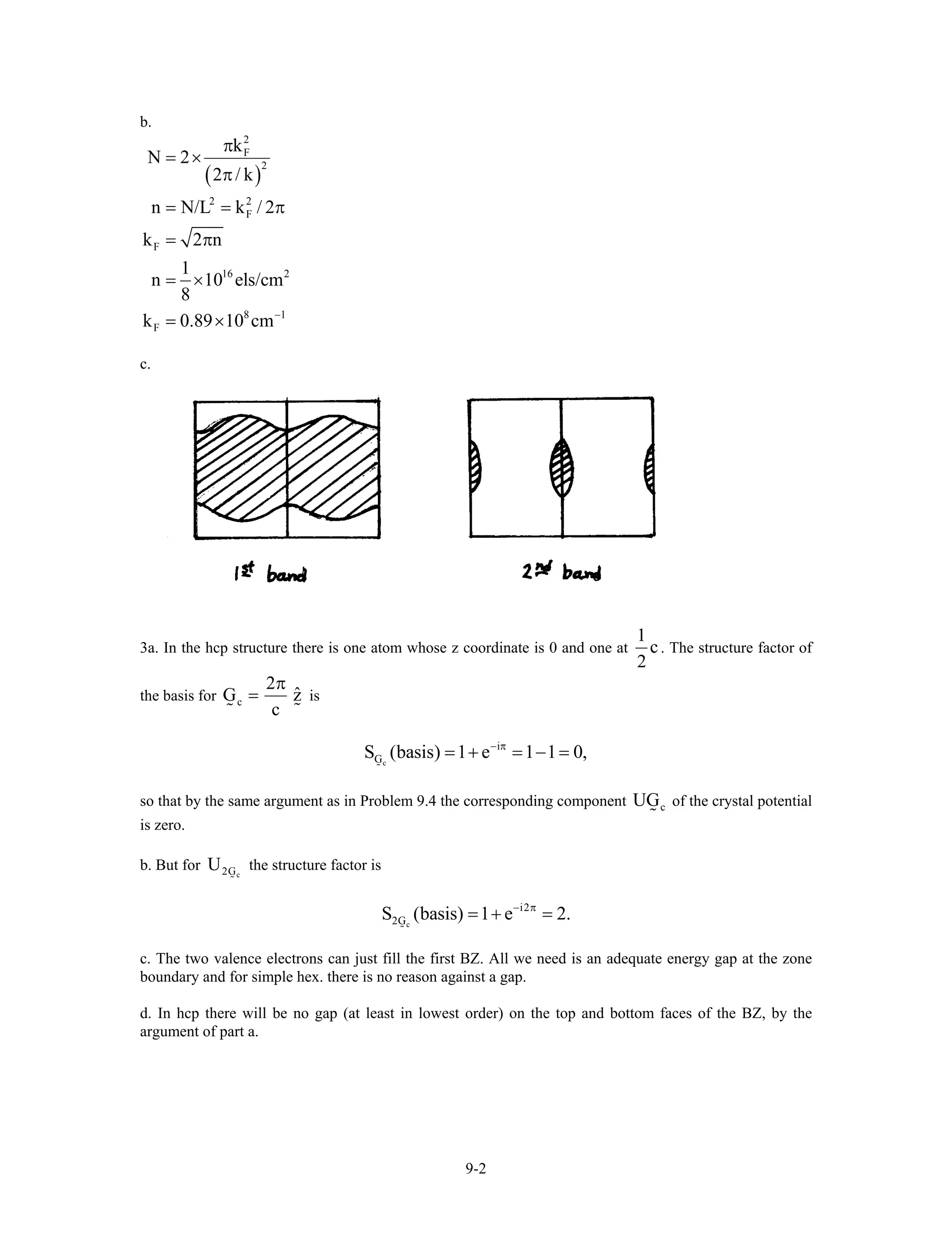 b.
( )
2
F
2
2 2
F
F
16 2
8 1
F
k
N 2
2 / k
n N/L k / 2
k 2 n
1
n 10 els/cm
8
k 0.89 10 cm−
π
= ×
π
= =
= π
= ×
= ×
π
c.
3a. In the hcp structure there is one atom whose z coordinate is 0 and one at
1
c
2
. The structure factor of
the basis for c
2
ˆG z
c
π
= is
c
i
GS (basis) 1 e 1 1 0,− π
= + = − =
so that by the same argument as in Problem 9.4 the corresponding component of the crystal potential
is zero.
cUG
b. But for the structure factor isc2GU
c
i2
2GS (basis) 1 e 2.− π
= + =
c. The two valence electrons can just fill the first BZ. All we need is an adequate energy gap at the zone
boundary and for simple hex. there is no reason against a gap.
d. In hcp there will be no gap (at least in lowest order) on the top and bottom faces of the BZ, by the
argument of part a.
9-2
 