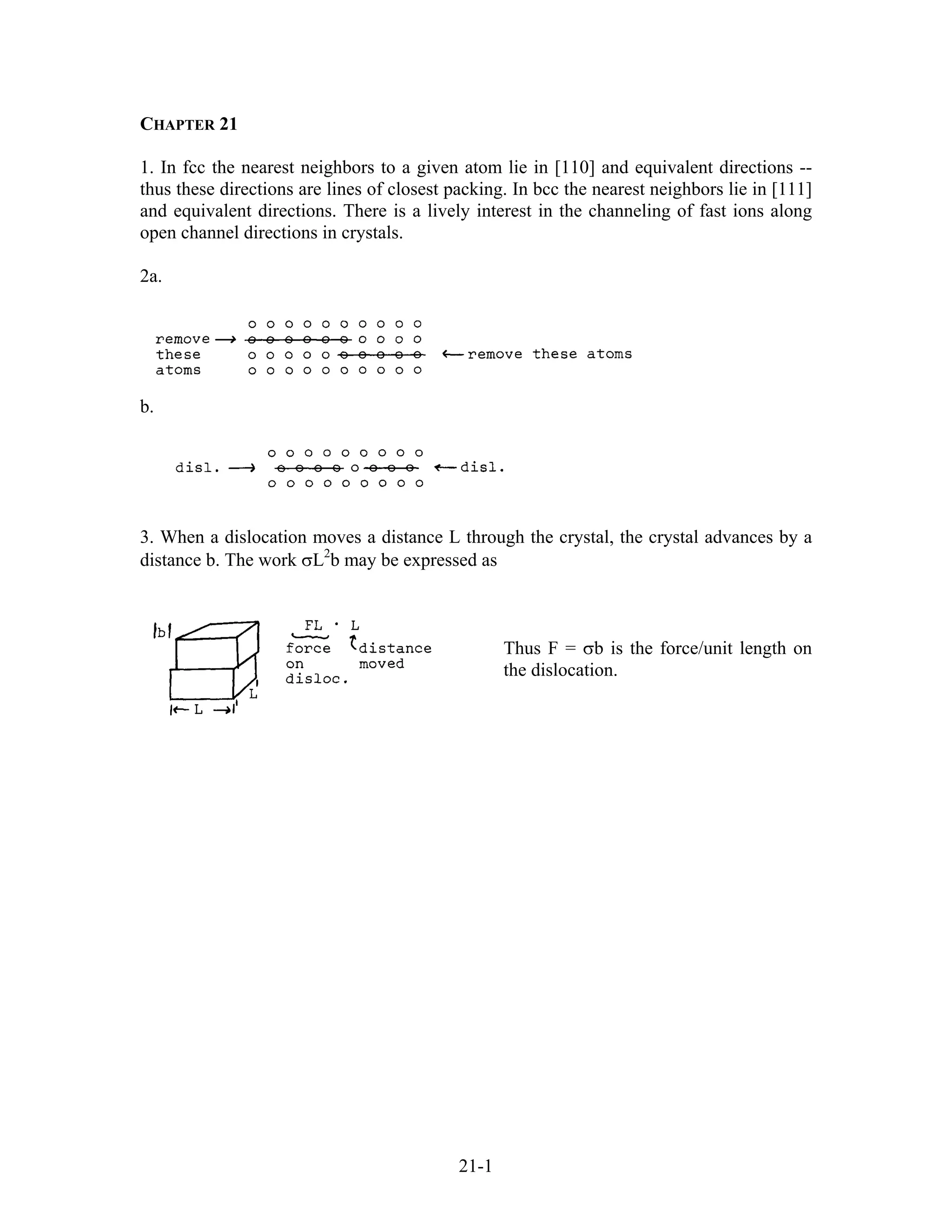 CHAPTER 21
1. In fcc the nearest neighbors to a given atom lie in [110] and equivalent directions --
thus these directions are lines of closest packing. In bcc the nearest neighbors lie in [111]
and equivalent directions. There is a lively interest in the channeling of fast ions along
open channel directions in crystals.
2a.
b.
3. When a dislocation moves a distance L through the crystal, the crystal advances by a
distance b. The work σL2
b may be expressed as
Thus F = σb is the force/unit length on
the dislocation.
21-1
 