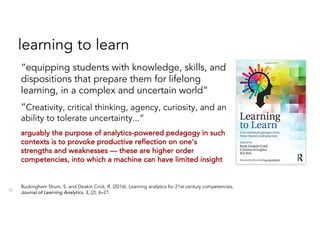 learning to learn
15
“equipping students with knowledge, skills, and
dispositions that prepare them for lifelong
learning, in a complex and uncertain world”
“Creativity, critical thinking, agency, curiosity, and an
ability to tolerate uncertainty...”
arguably the purpose of analytics-powered pedagogy in such
contexts is to provoke productive reflection on one’s
strengths and weaknesses — these are higher order
competencies, into which a machine can have limited insight
Buckingham Shum, S. and Deakin Crick, R. (2016). Learning analytics for 21st century competencies.
Journal of Learning Analytics, 3, (2), 6–21.
 