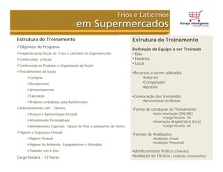 Estrutura do Treinamento
Objetivos do Programa
Importância da Seção de Frios e Laticínios no Supermercado
Conhecendo a Seção
Conhecendo os Produtos e Organização da Seção
Procedimentos da Seção
Compras
Recebimento
Armazenamento
Exposição
Produtos embalados para AutoServiços
Relacionamento com Clientes
Postura e Apresentação Pessoal
Atendimento Personalizado
Atendimentos Especiais: Tabuas de frios e sanduíches de metro
Higiene e Segurança Pessoal
Higiene Pessoal
Higiene do Ambiente, Equipamentos e Utensílios
Cuidado com o Lixo
Carga horária : 12 horas
Estrutura do Treinamento
Definição da Equipe a ser Treinada
• Dias
• Horários
• Local
•Recursos a serem utilizados
•Internet
•Computador
•Apostila
•Convocação dos treinandos
•Apresentação do Módulo
•Forma de condução do Treinamento
•Auto-orientação (ONLINE)
•Carga Horária: 3h
•Orientação dirigida(SALA AULA)
•Carga Horária: 6h
•Formas de Avaliações:
•Avaliação virtual
•Avaliação Presencial
•Monitoramento Prático (chek-list)
•Avaliação de Eficácia ( Avaliação Desempenho)
 