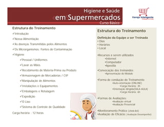 Estrutura do Treinamento
Introdução
Nossa Alimentação
As doenças Transmitidas pelos Alimentos
Os Microrganismos: Fontes de Contaminação
Higiene
Pessoal / Uniformes
Lavar as Mãos
Recebimento de Materia-Prima ou Produto
Armazenagem de Mercadorias / CIP
Manipulação de Alimentos
Instalações e Equipamentos
Embalagens e Rotulagem
Expedição
O Lixo
Sistema de Controle de Qualidade
Carga horária : 12 horas
Estrutura do Treinamento
Definição da Equipe a ser Treinada
• Dias
• Horários
• Local
•Recursos a serem utilizados
•Internet
•Computador
•Apostila
•Convocação dos treinandos
•Apresentação do Módulo
•Forma de condução do Treinamento
•Auto-orientação (ONLINE)
•Carga Horária: 3h
•Orientação dirigida(SALA AULA)
•Carga Horária: 6h
•Formas de Avaliações:
•Avaliação virtual
•Avaliação Presencial
•Monitoramento Prático (chek-list)
•Avaliação de Eficácia ( Avaliação Desempenho)
 